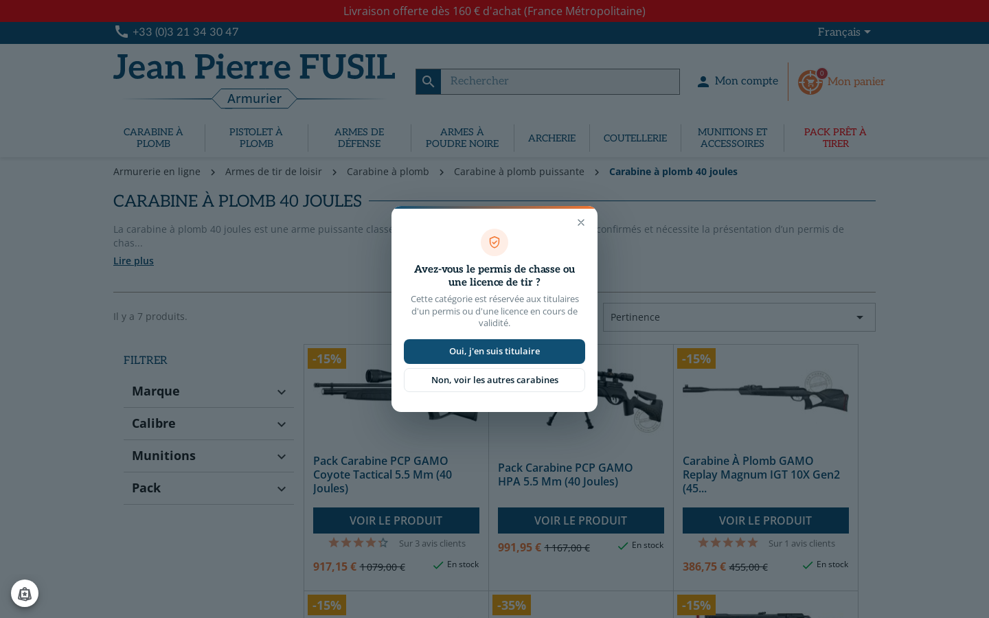Popin demandant &laquo; Avez-vous le permis de chasse ou une licence de tir ? &raquo; sur une cat&eacute;gorie de carabines &agrave; plomb, avec deux boutons de r&eacute;ponse.