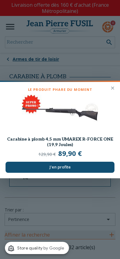 Popin produit en pleine largeur sur mobile : visuel d'une carabine &agrave; plomb, nom, prix barr&eacute; 129,90 &euro; remplac&eacute; par 89,90 &euro; et bouton &laquo; J'en profite &raquo;.