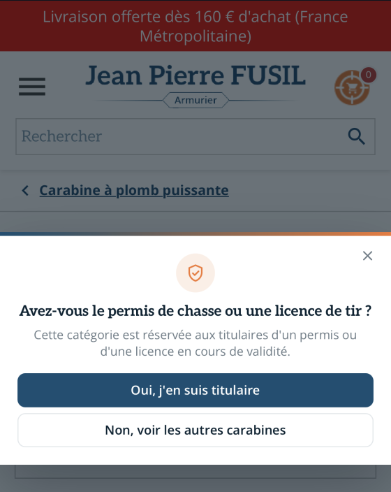 Popin mobile demandant si le visiteur possède un permis de chasse ou une licence de tir