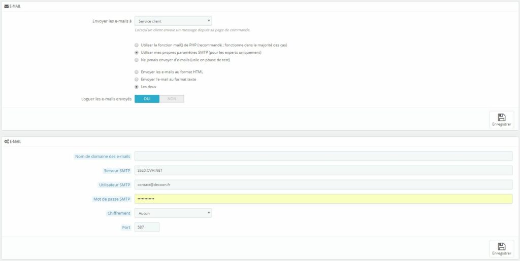 configuration mail et mot de passe PrestaShop