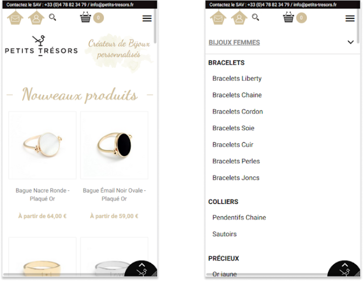 Petits Trésors : accueil, header et navigation